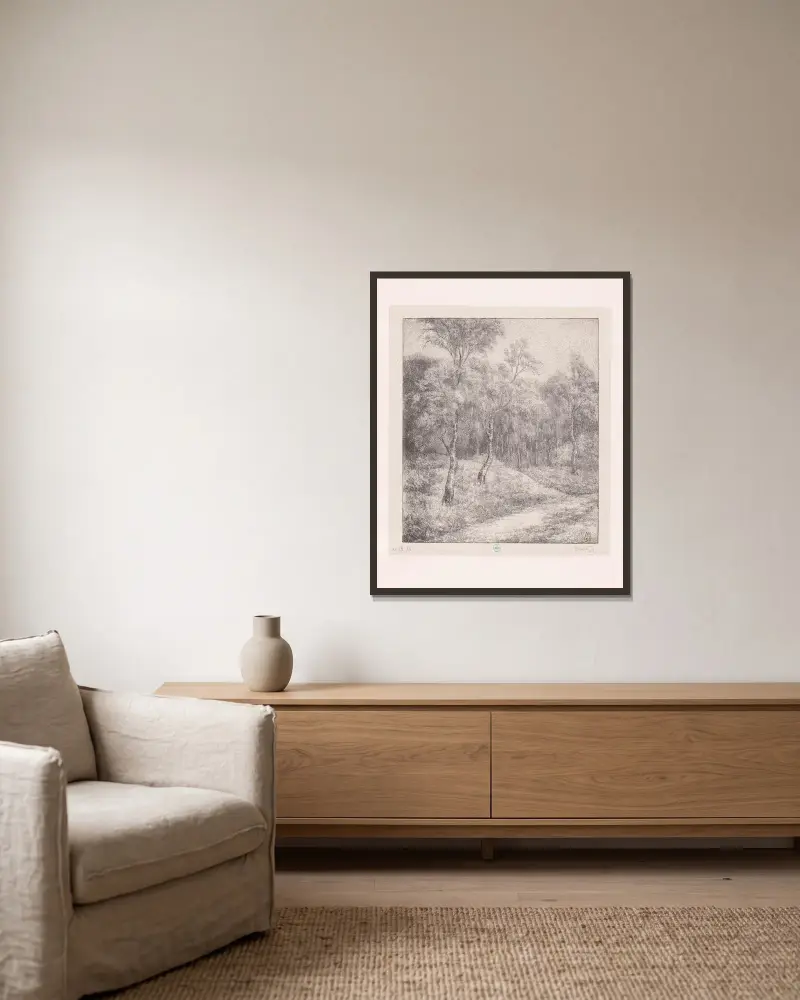 Bospad met berken von Simon Moulijn gerahmt an einer Wand