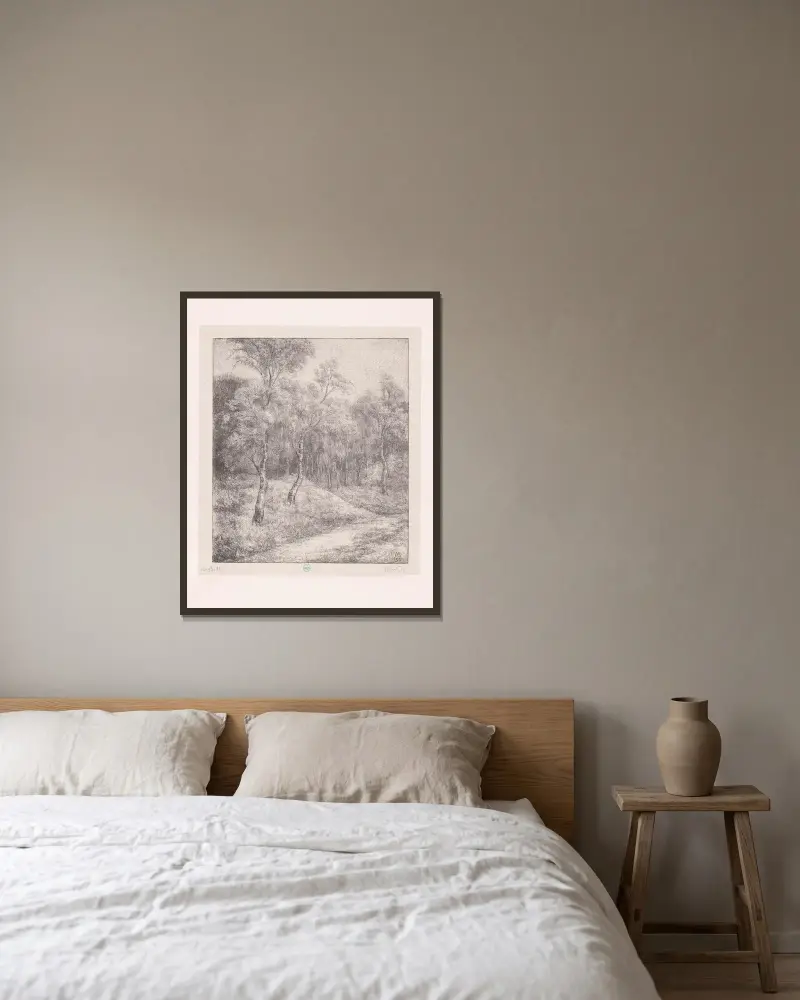 Bospad met berken von Simon Moulijn gerahmt an einer Wand