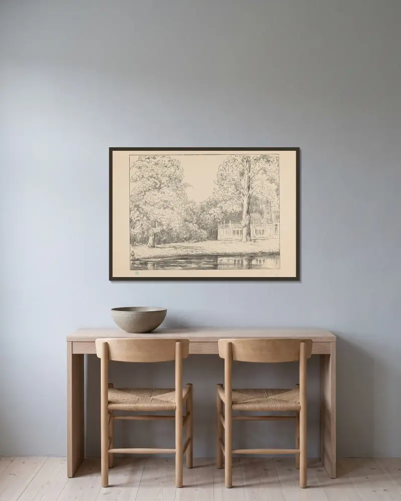 Blick auf den Garten und das Wohnhaus des Landsitzes Den Burch von Simon Moulijn gerahmt an einer Wand