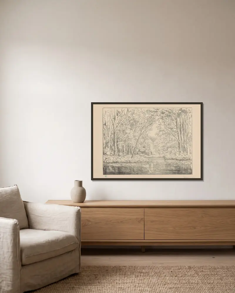 Gezicht op landgoed Backershagen Backershage av Simon Moulijn inramad på en vägg