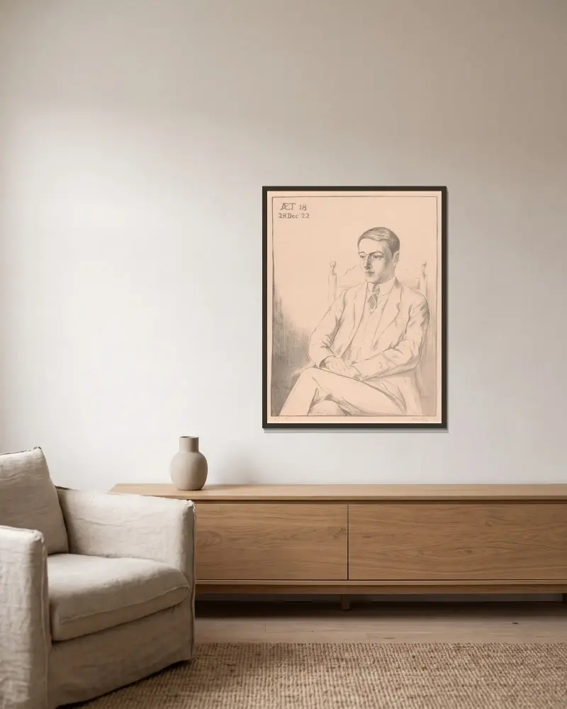 Portret van Eco Moulijn av Simon Moulijn inramad på en vägg