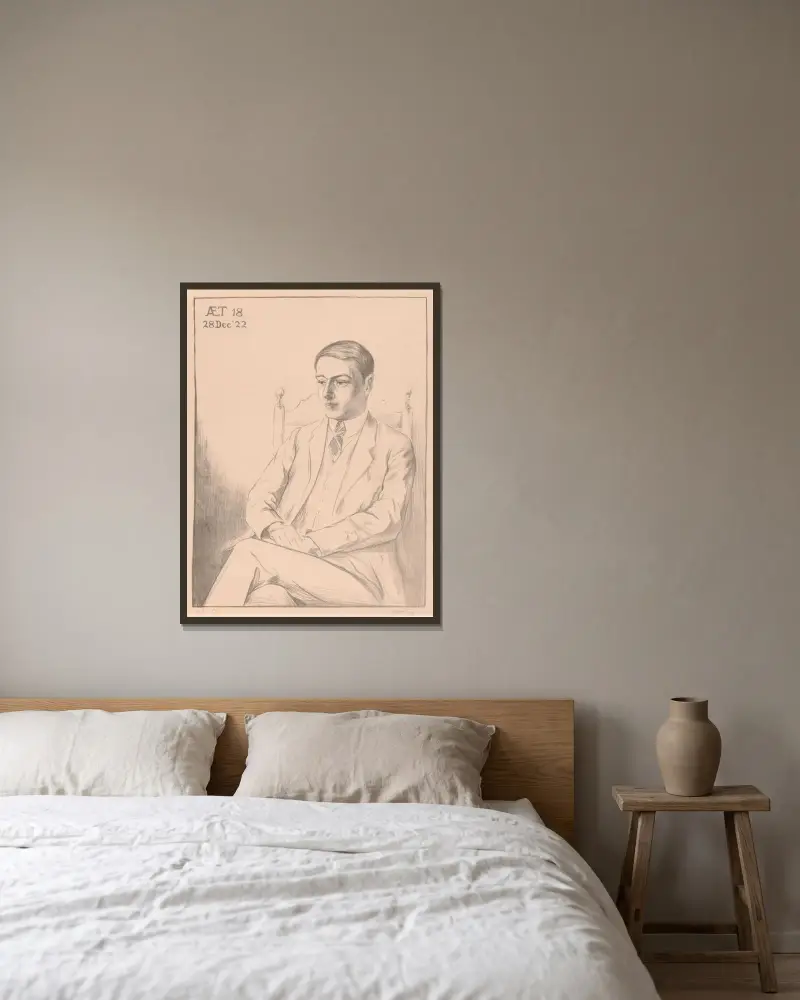 Portret van Eco Moulijn av Simon Moulijn inramad på en vägg