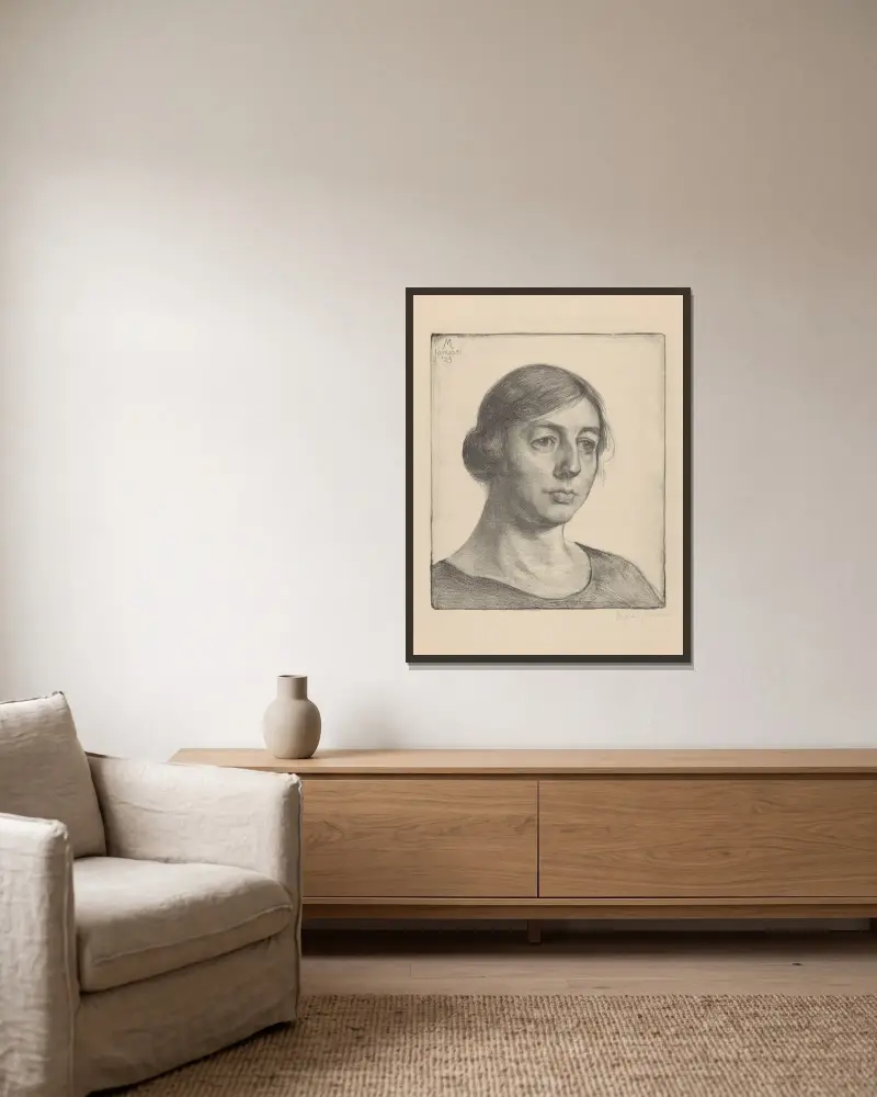 Portret van Henriëtte Haitsma Mulier, 1925 av Simon Moulijn inramad på en vägg