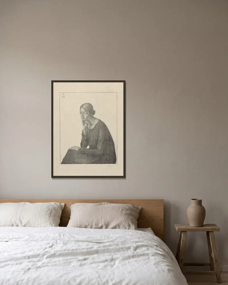 Portret van Henriëtte Haitsma Mulier, 1924 av Simon Moulijn inramad på en vägg