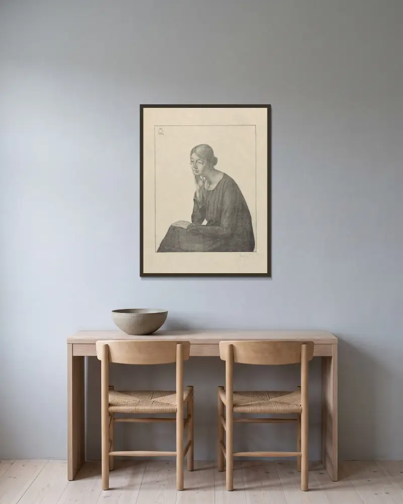 Portret van Henriëtte Haitsma Mulier, 1924 av Simon Moulijn inramad på en vägg