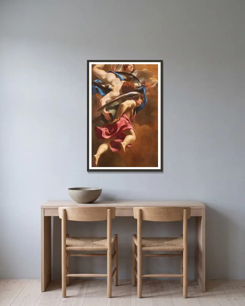 Angels Bearing the Column of the Passion av Simon Vouet inramad på en vägg