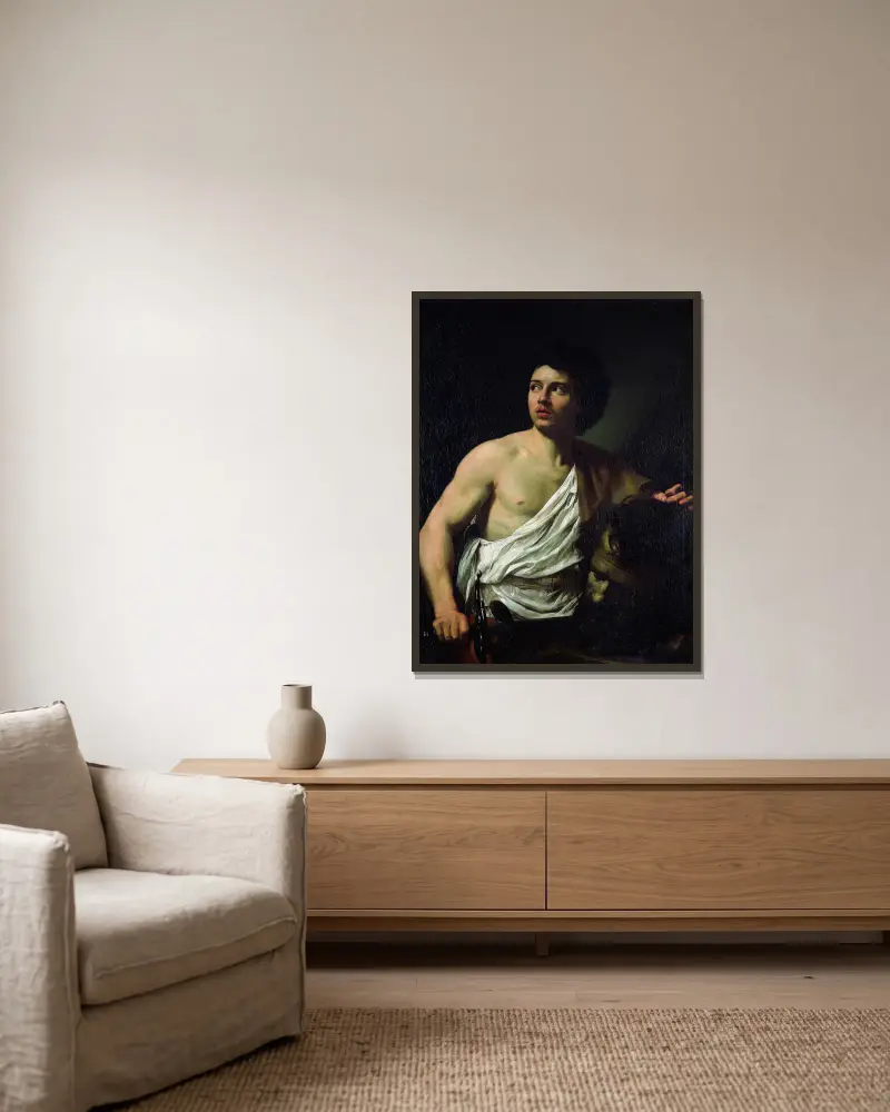 David with the Head of Goliath av Simon Vouet inramad på en vägg
