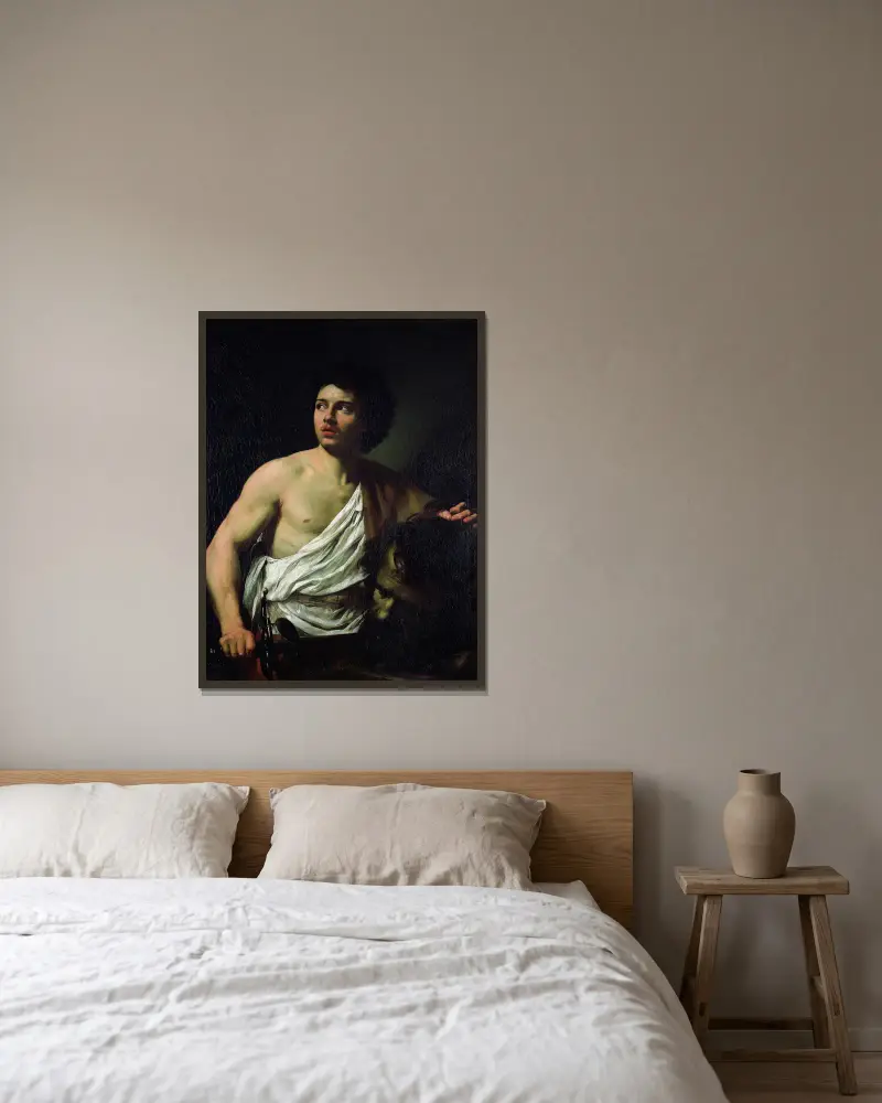 David with the Head of Goliath av Simon Vouet inramad på en vägg