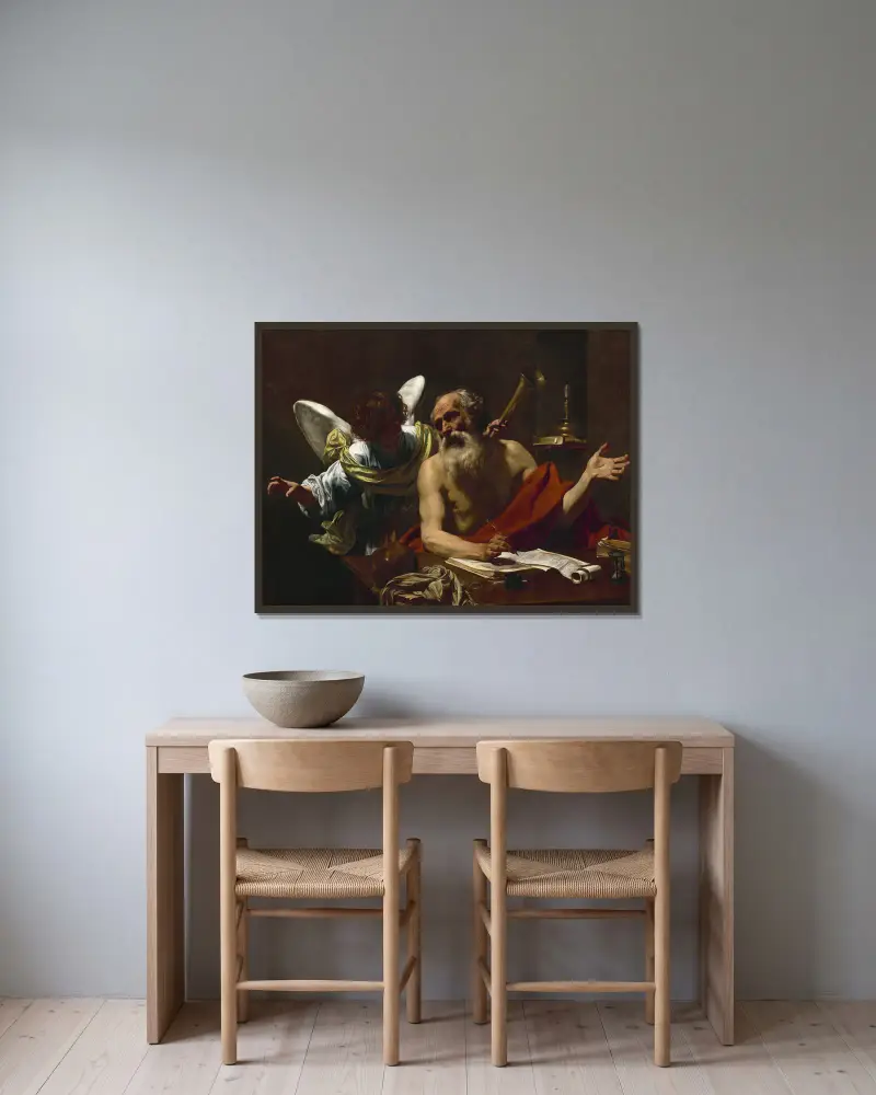 Saint Jerome and the Angel av Simon Vouet inramad på en vägg