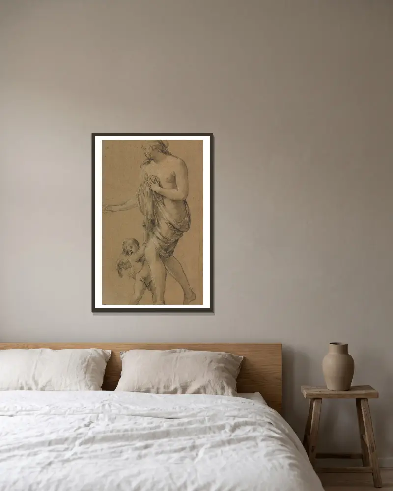Studie einer weiblichen Figur mit Putto von Simon Vouet gerahmt an einer Wand