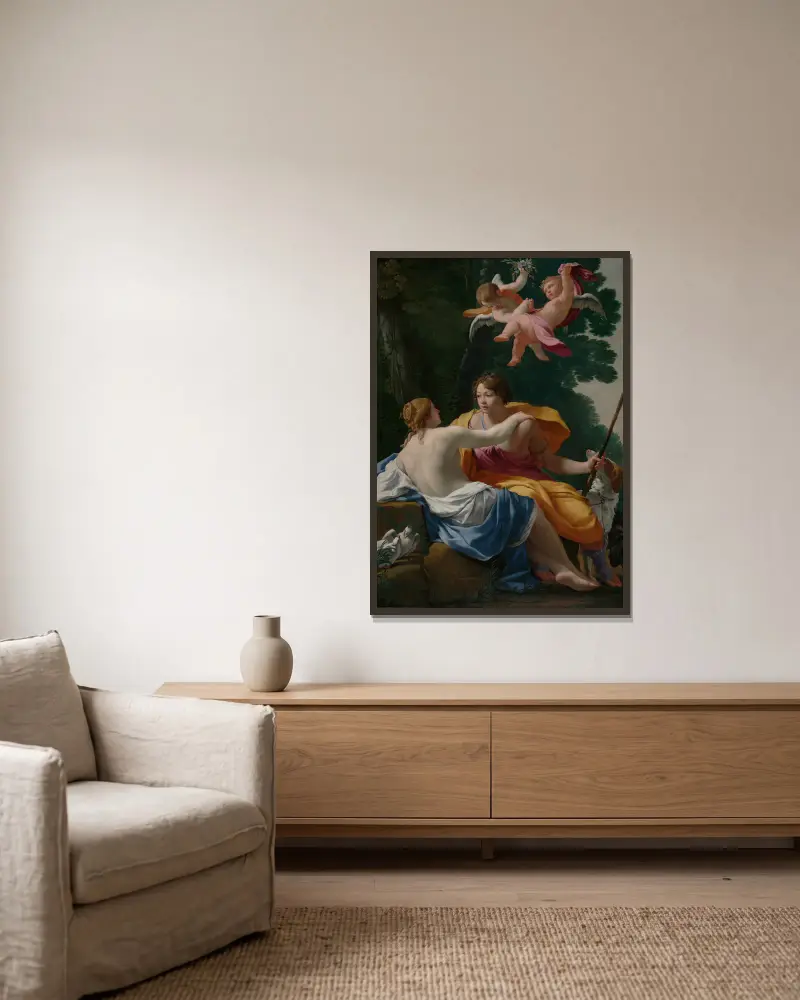 Venus und Adonis von Simon Vouet gerahmt an einer Wand