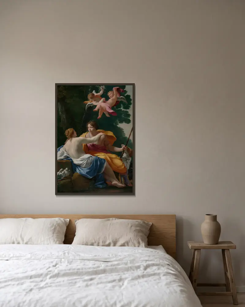Venus und Adonis von Simon Vouet gerahmt an einer Wand