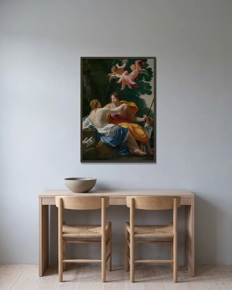 Venus und Adonis von Simon Vouet gerahmt an einer Wand