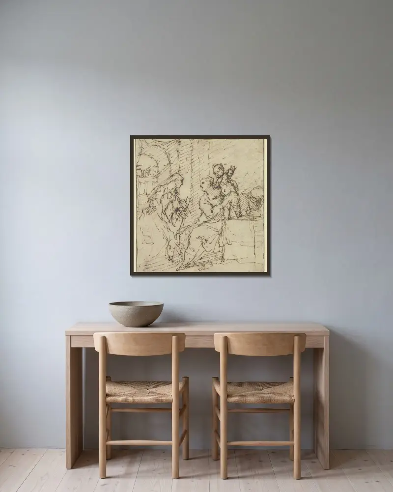 Die Heilige Familie mit der Heiligen Katharina von Simone Cantarini gerahmt an einer Wand