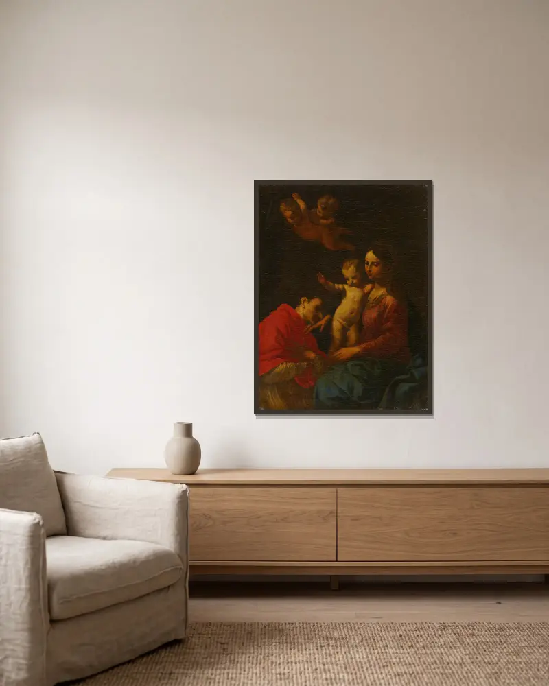 Madonna and Child, worshipped by St Carlo Borromeo av Simone Cantarini inramad på en vägg