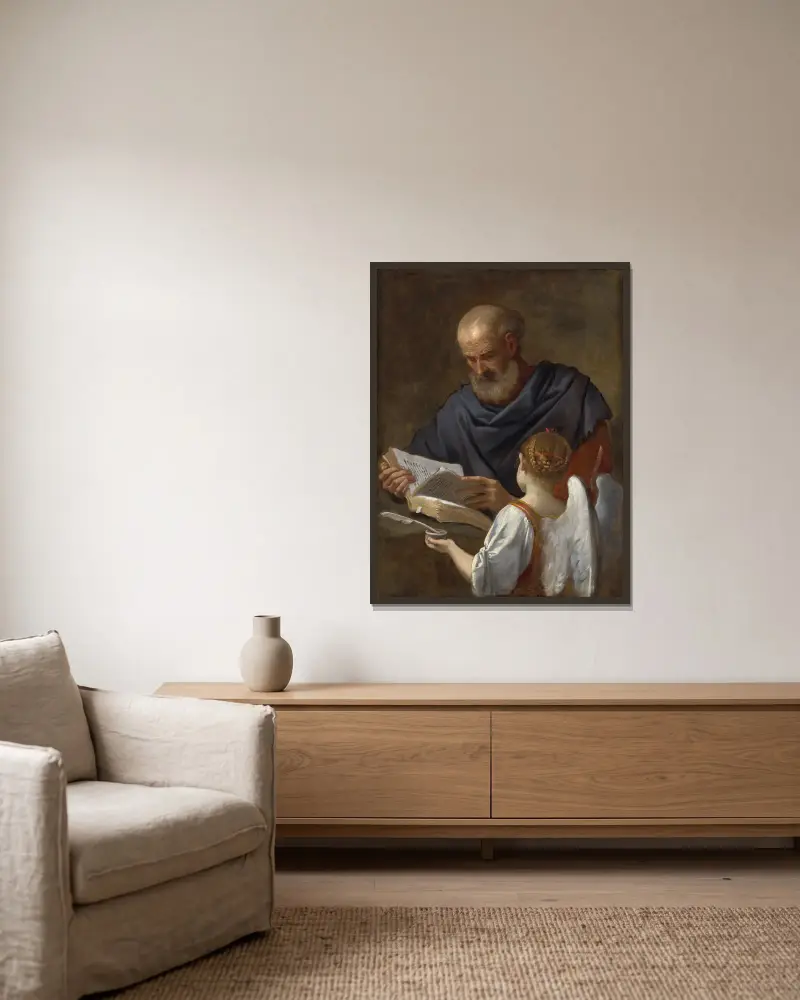 Saint Matthew and the Angel av Simone Cantarini inramad på en vägg