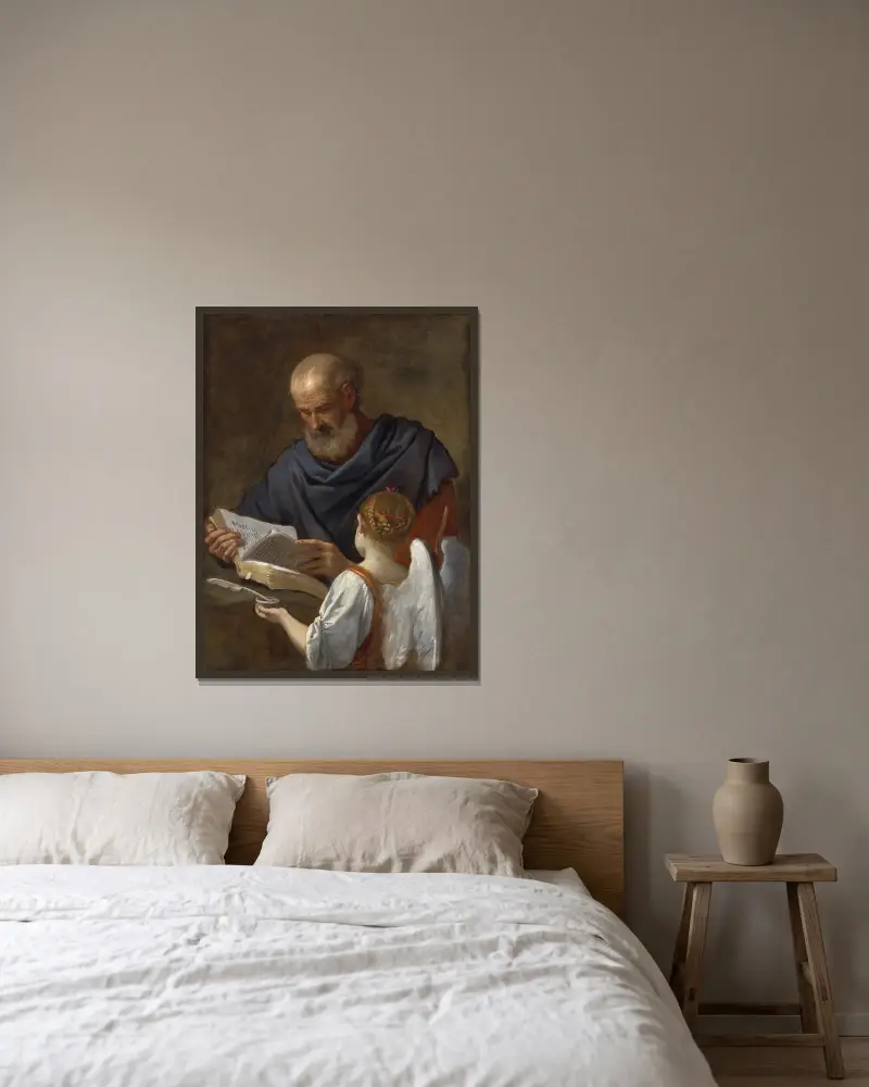 Saint Matthew and the Angel av Simone Cantarini inramad på en vägg