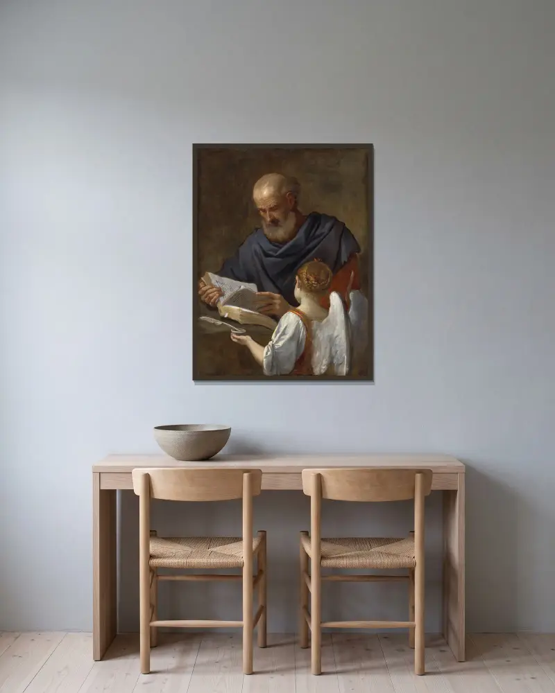 Saint Matthew and the Angel av Simone Cantarini inramad på en vägg