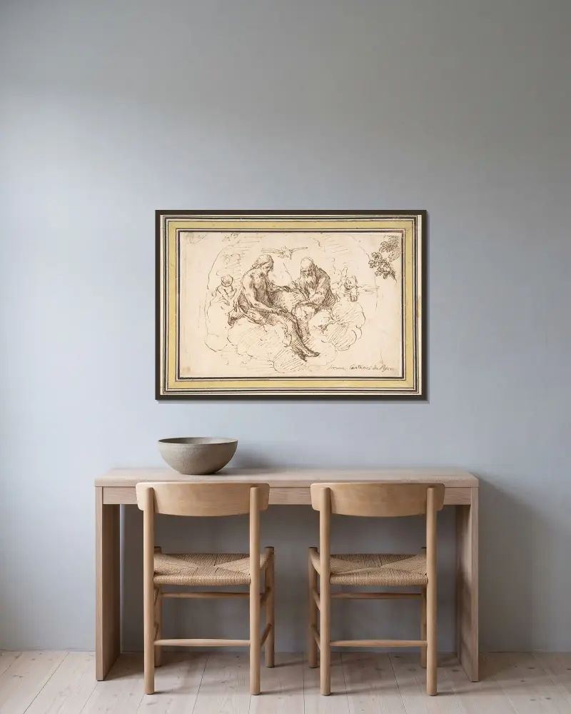 Die Heilige Dreifaltigkeit in Herrlichkeit von Simone Cantarini gerahmt an einer Wand