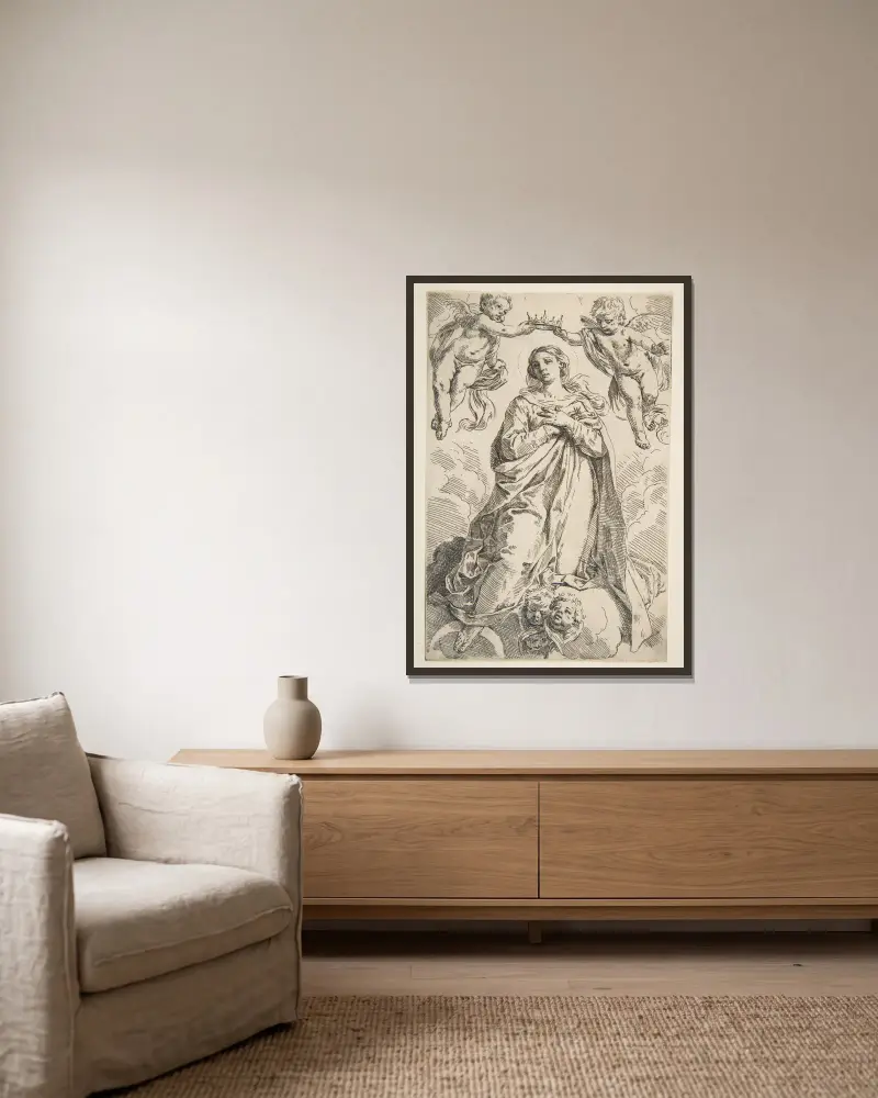 The Virgin being crowned by two angels av Simone Cantarini inramad på en vägg