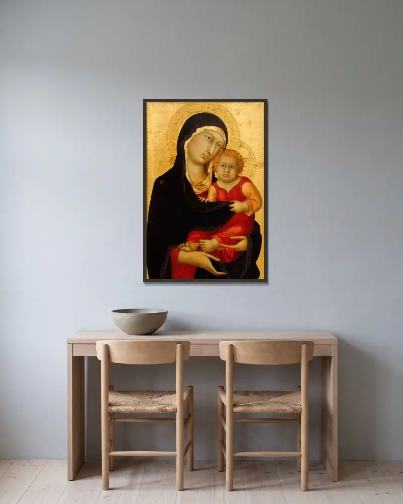 Madonna and Child av Simone Martini inramad på en vägg