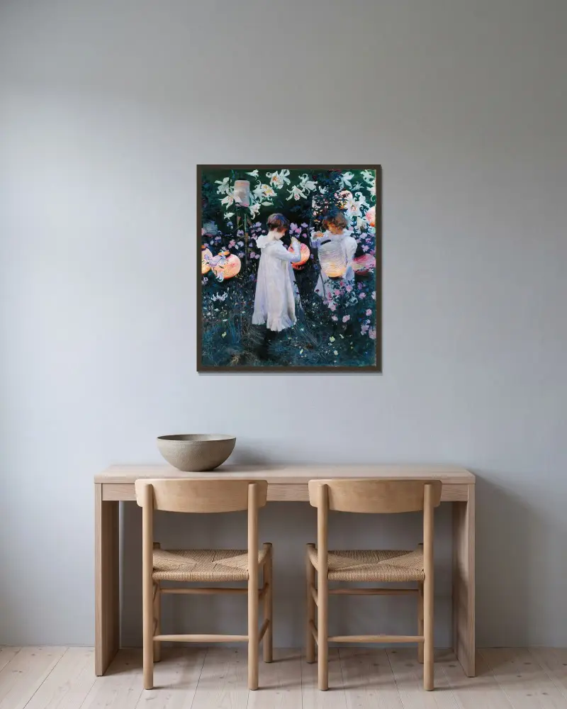 Nelken, Lilien, Lilien, Rosen von John Singer Sargent gerahmt an einer Wand