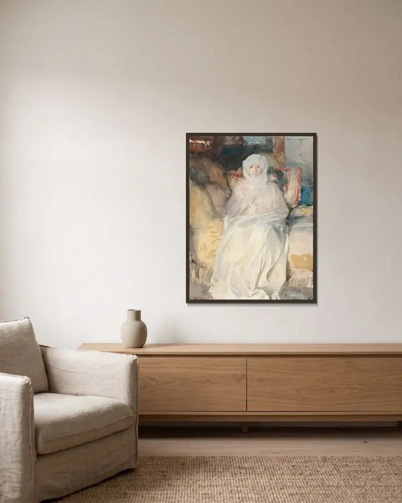 Mrs. Gardner in Weiß von John Singer Sargent gerahmt an einer Wand