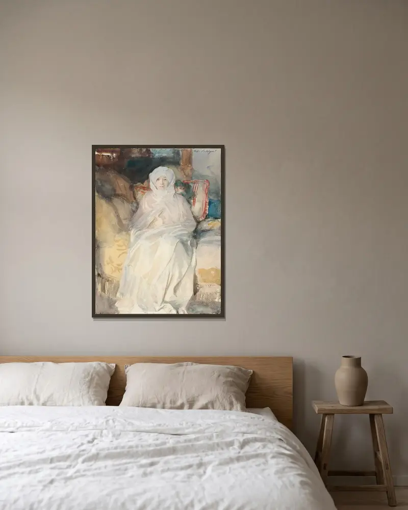 Mrs. Gardner in Weiß von John Singer Sargent gerahmt an einer Wand