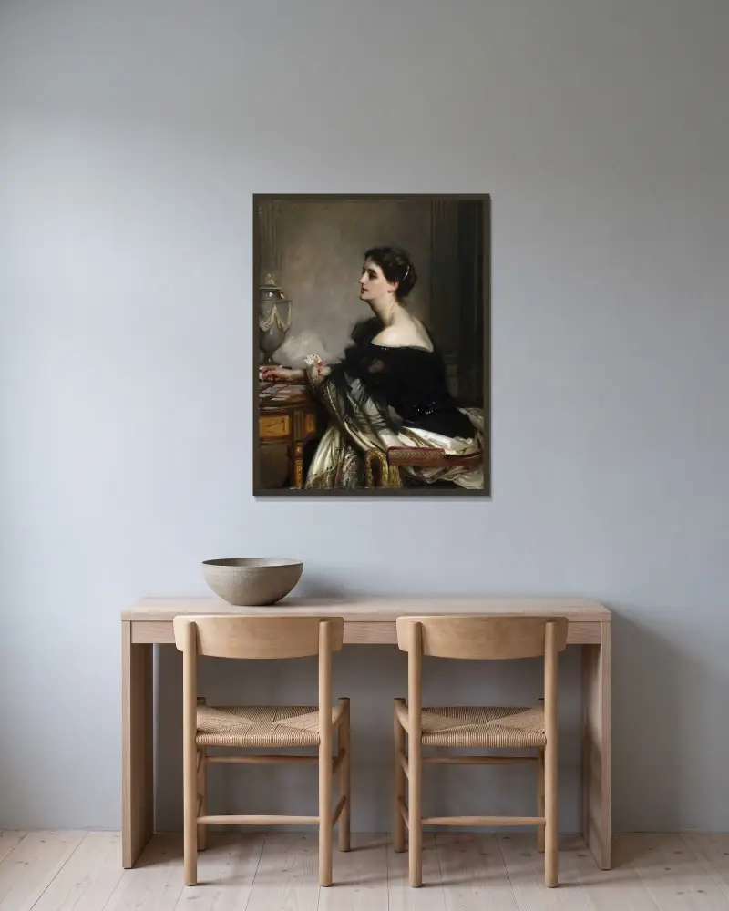 Sybil Frances Grey, later Lady Eden av John Singer Sargent inramad på en vägg