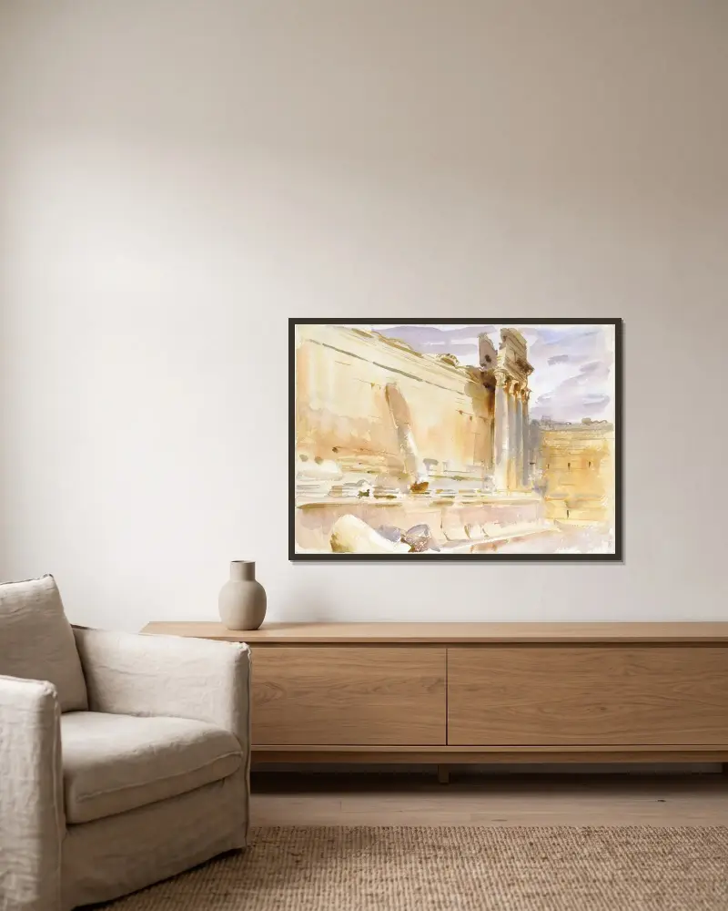 Temple of Bacchus, Baalbek av John Singer Sargent inramad på en vägg
