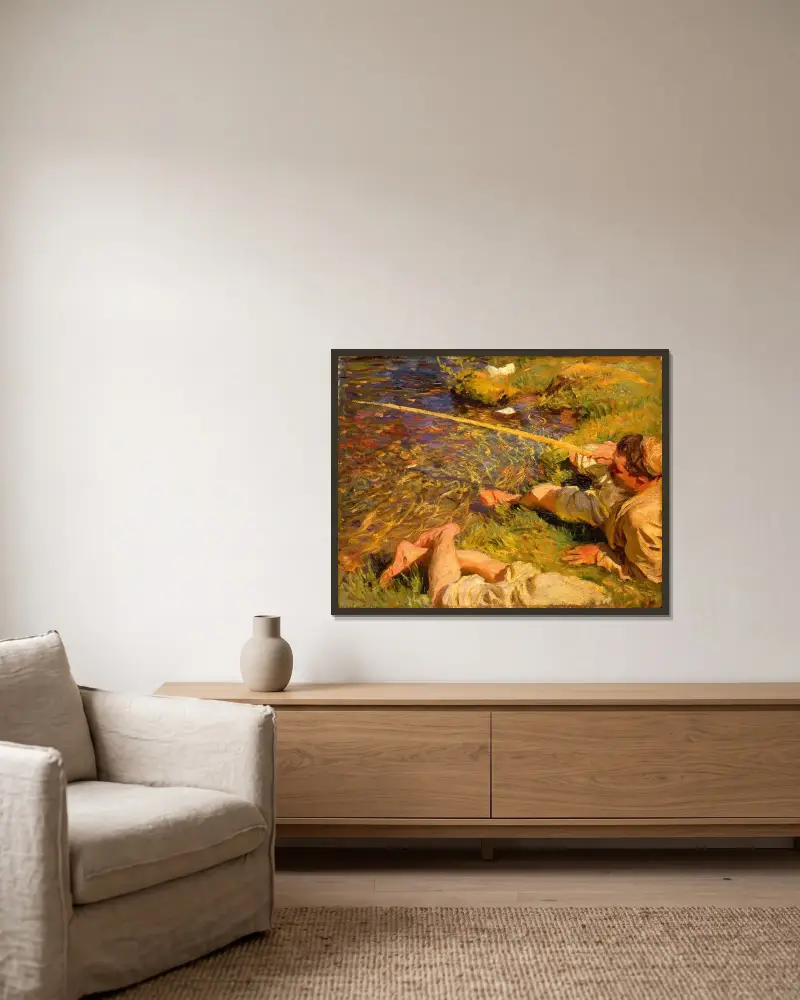Val d’Aosta, A Man Fishing av John Singer Sargent inramad på en vägg