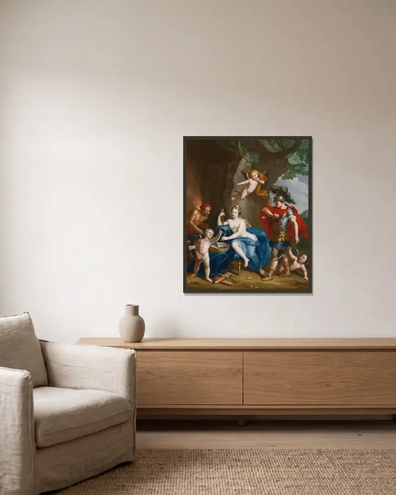 Mars, Venus och Vulcanus; Vulcanus smedja av John Singleton Copley inramad på en vägg