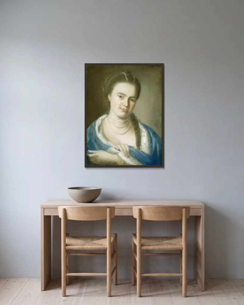 Porträtt av Mrs. Gawen Brown av John Singleton Copley inramad på en vägg