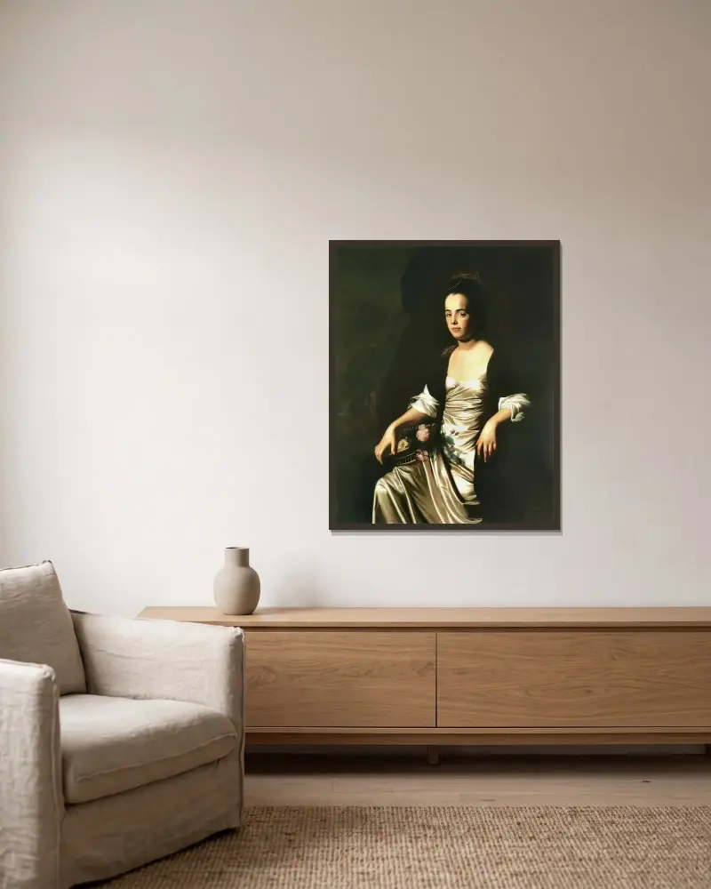 Porträtt av Mrs. John Stevens (Judith Sargent, senare Mrs. John Murray) av John Singleton Copley inramad på en vägg