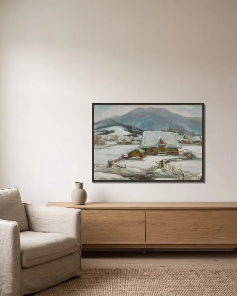 Häuser im Schnee von Władysław Ślewiński gerahmt an einer Wand