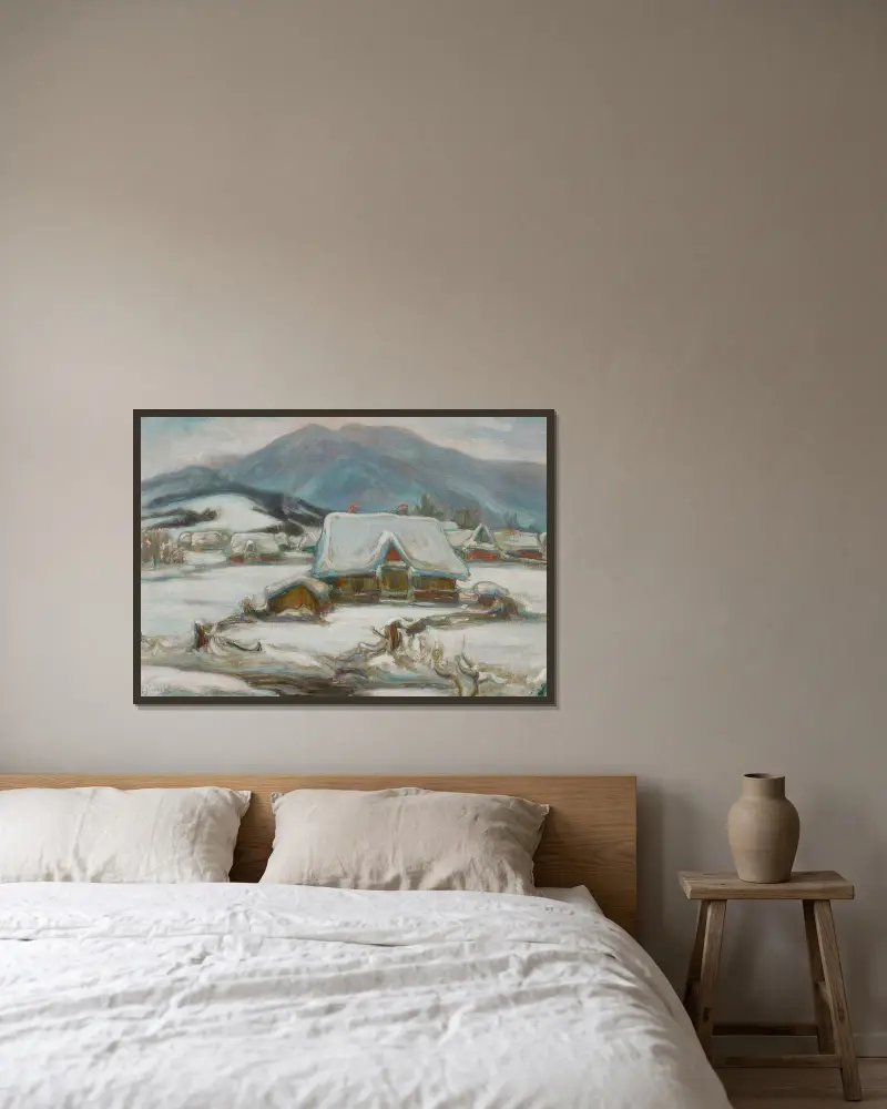 Häuser im Schnee von Władysław Ślewiński gerahmt an einer Wand