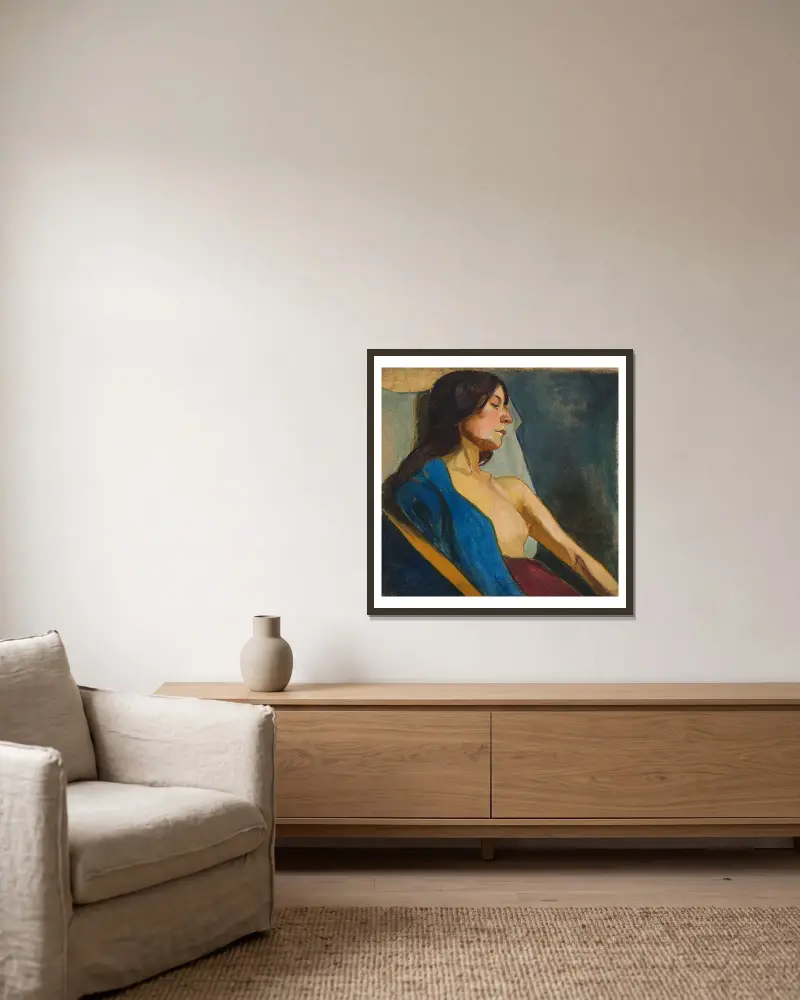Female Semi-Nude in a Blue Scarf av Władysław Ślewiński inramad på en vägg