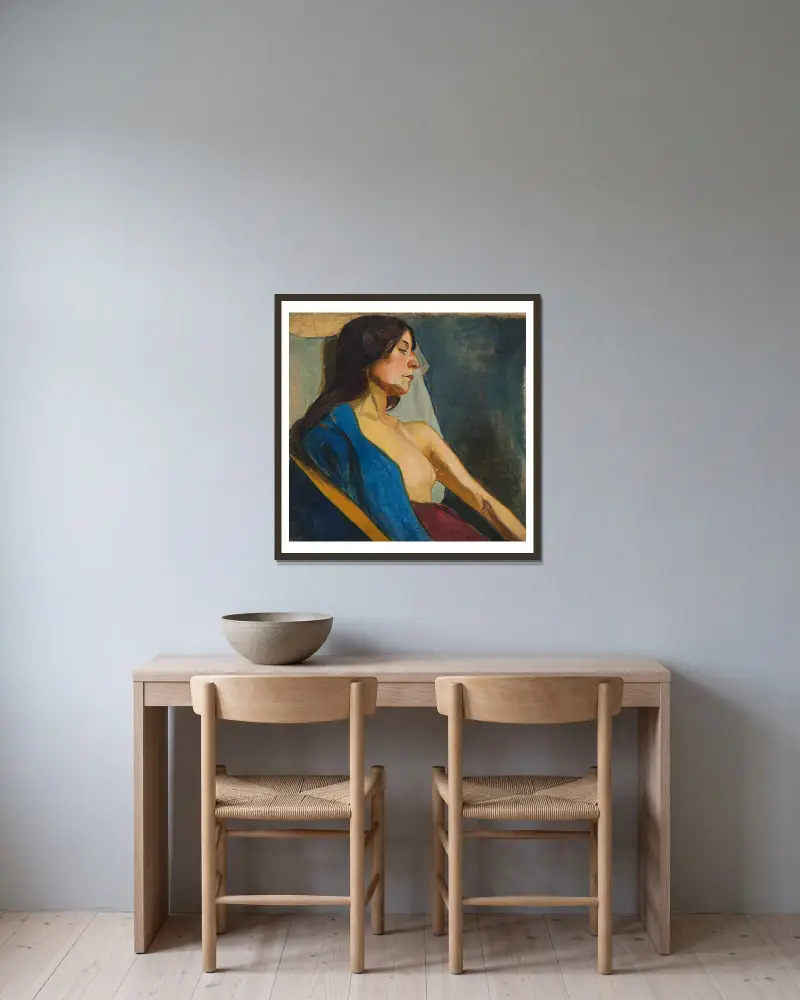 Female Semi-Nude in a Blue Scarf av Władysław Ślewiński inramad på en vägg