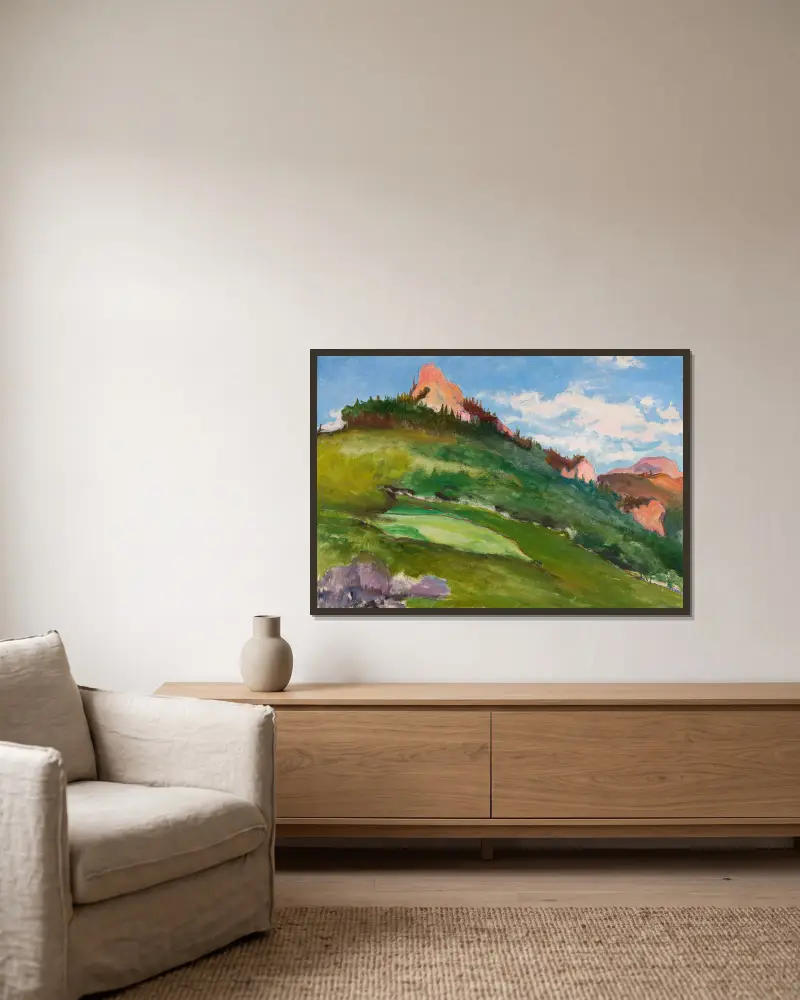 Landscape with pink mountain peaks av Władysław Ślewiński inramad på en vägg