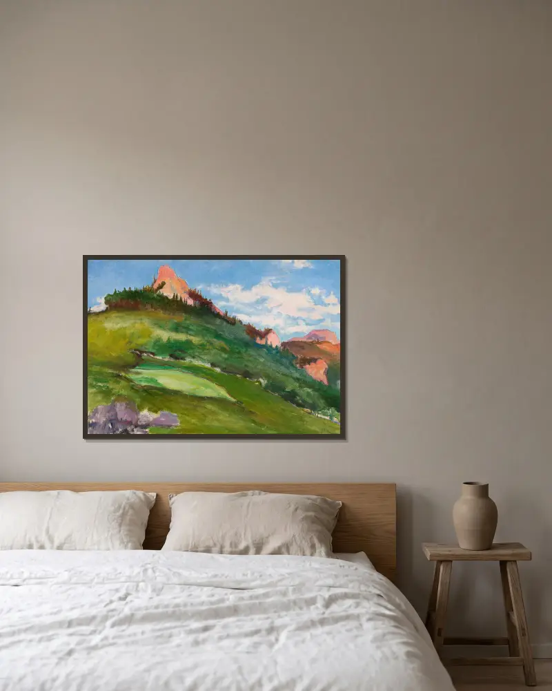 Landscape with pink mountain peaks av Władysław Ślewiński inramad på en vägg