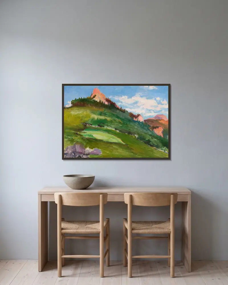 Landscape with pink mountain peaks av Władysław Ślewiński inramad på en vägg