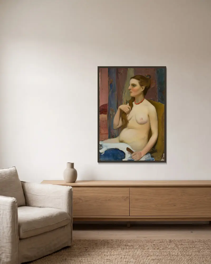 Nude of a woman combing her hair av Władysław Ślewiński inramad på en vägg