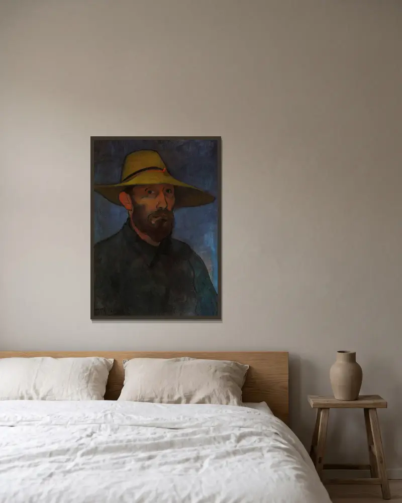 Selbstbildnis mit Strohhut von Władysław Ślewiński gerahmt an einer Wand