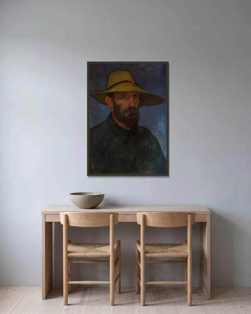 Selbstbildnis mit Strohhut von Władysław Ślewiński gerahmt an einer Wand