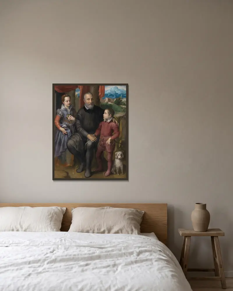 Portrait Group with the Artist’s Father Amilcare Anguissola and her siblings Minerva and Astrubale av Sofonisba Anguissola inramad på en vägg