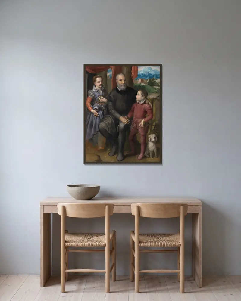 Portrait Group with the Artist’s Father Amilcare Anguissola and her siblings Minerva and Astrubale av Sofonisba Anguissola inramad på en vägg