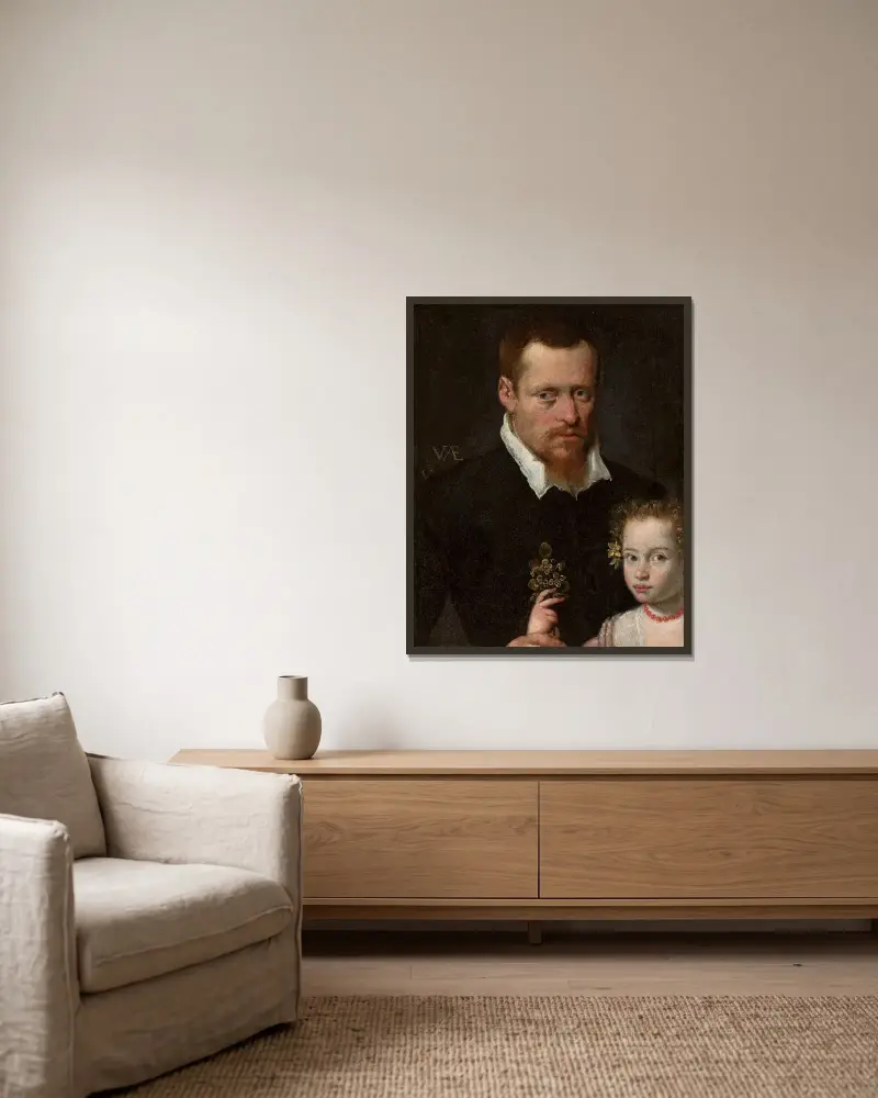 Portrait of a man with his daughter av Sofonisba Anguissola inramad på en vägg