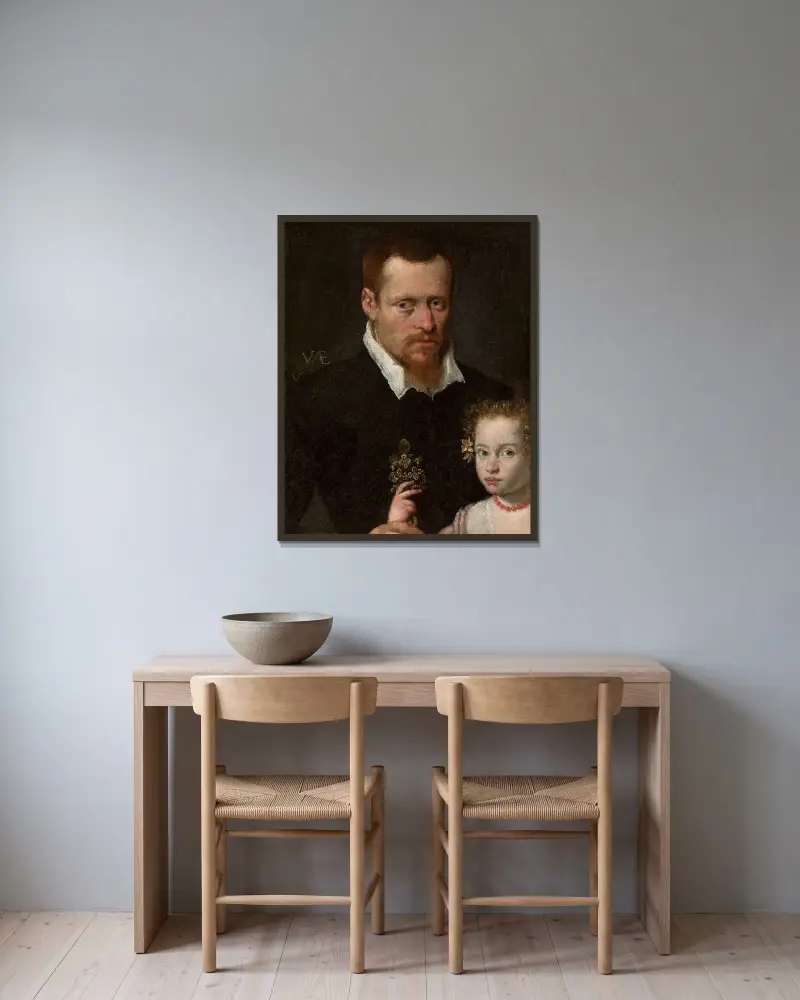 Portrait of a man with his daughter av Sofonisba Anguissola inramad på en vägg