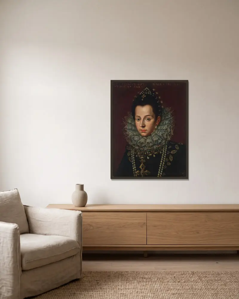 Porträtt av Catalina Micaela, hertiginna av Savoyen av Sofonisba Anguissola inramad på en vägg