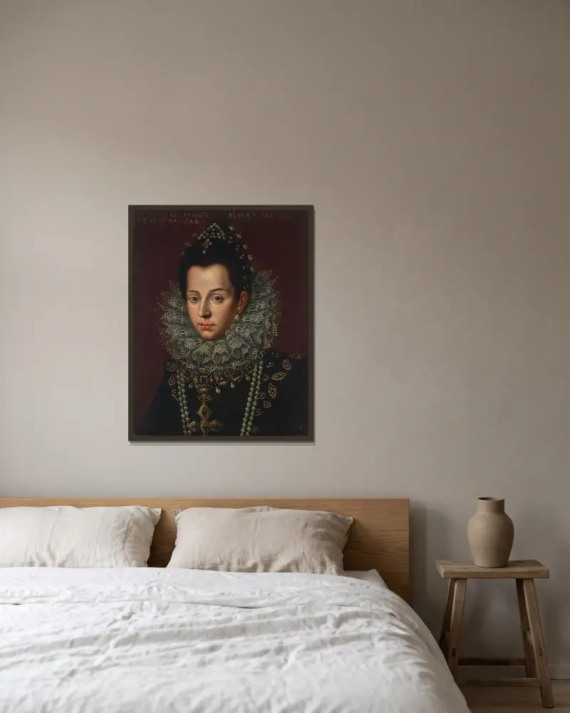 Porträtt av Catalina Micaela, hertiginna av Savoyen av Sofonisba Anguissola inramad på en vägg